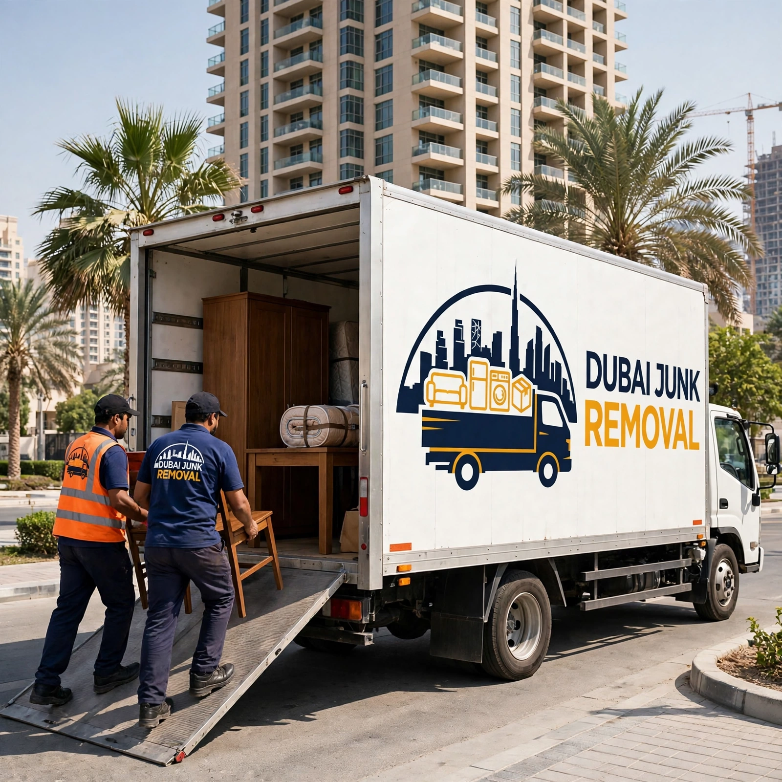 Loading furniture into the Dubai Junk Removal truck outside a Dubai Marina tower