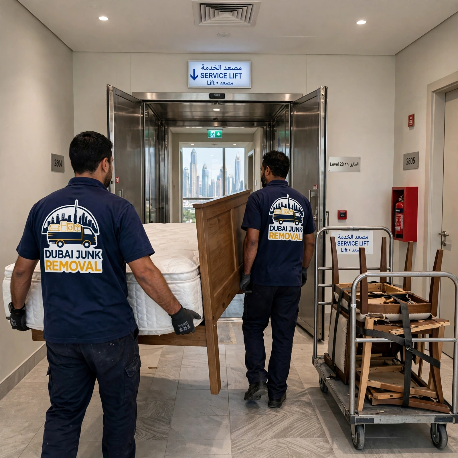 Team carrying a mattress and headboard to the service lift in a Business Bay tower