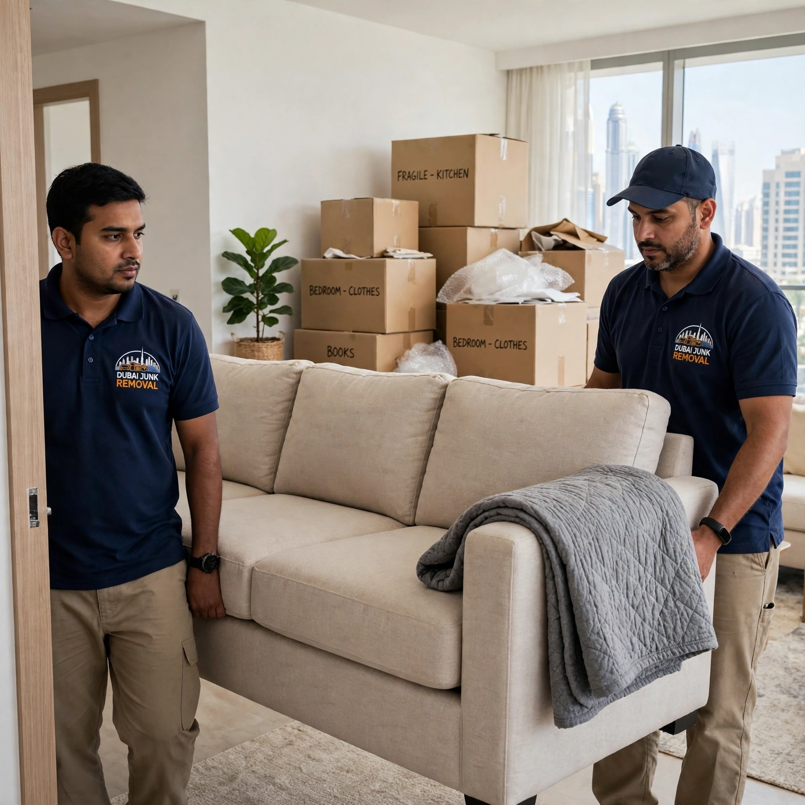 Dubai Junk Removal team removing a three-seater sofa from a JLT apartment