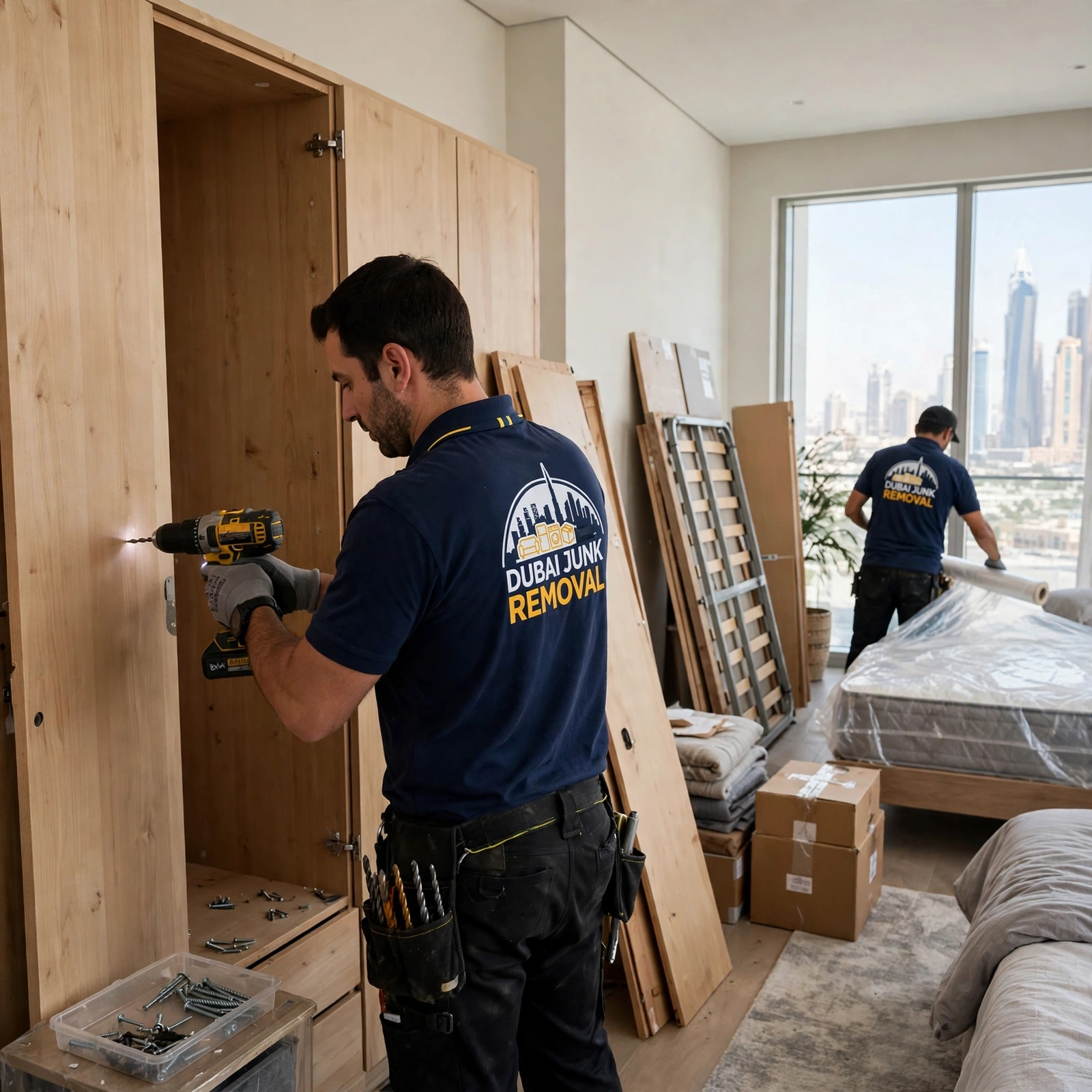 Worker dismantling a wooden wardrobe for removal in a Downtown Dubai bedroom
